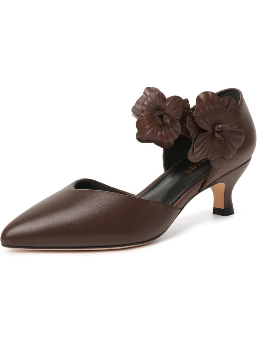 〽️Women Chocolate Brown Kitten Heels Closed Toe Slip On Comfortable Flower Shoes